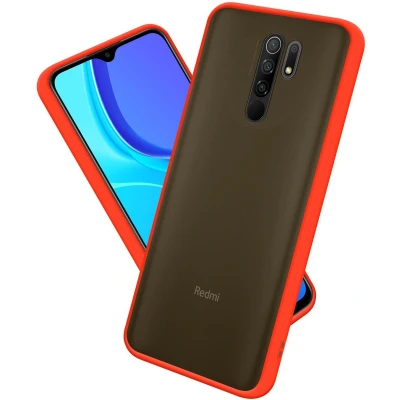 Afbeelding van Cadorabo Hoesje geschikt voor Xiaomi RedMi 9 in Mat Rood Zwarte Knopen Hybride beschermhoes met TPU siliconen Case Cover binnenkant en matte plastic achterkant