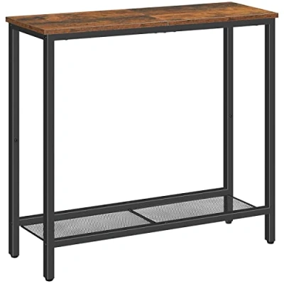 Afbeelding van HOOBRO dunne consoletafel voor hal, haltafel met 2 planken, industriële tentoonstellingstafel, banktafel woonkamer, slaapkamer, rustiek bruin en zwart EBF74XG01