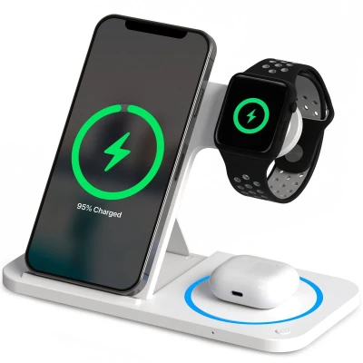 Afbeelding van Strex 3 in 1 Draadloze Oplader 15W Snellader Opvouwbaar Geschikt voor iPhone &amp; Android Wit