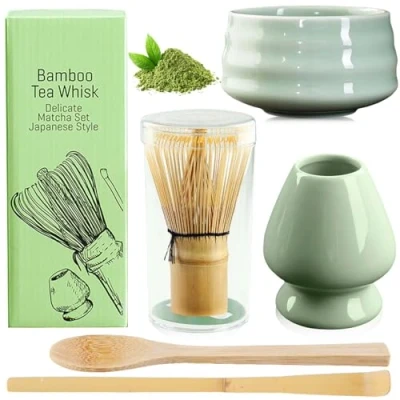 Afbeelding van BAIFULAI matcha theeset, 5 delige set, garde, keramische kom, theelepel, gardehouder, Japanse accessoires voor de ceremonie bereiding