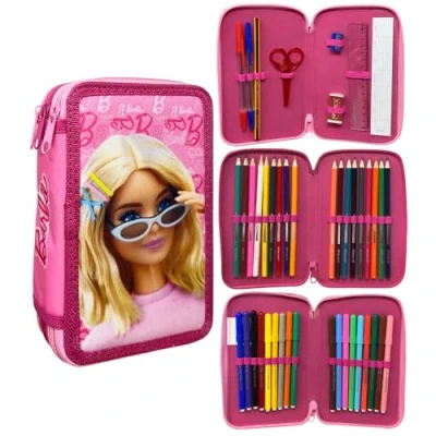 Afbeelding van CARTOON trousse 3 zip complet 44 pièces papeterie multi compartiments stylos crayons couleurs marqueurs giotto pour l&#039;école, Barbie,