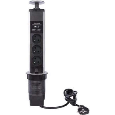 Afbeelding van Pop up stekkerblok met 3 stopcontacten 2 x usb penaarde Velleman