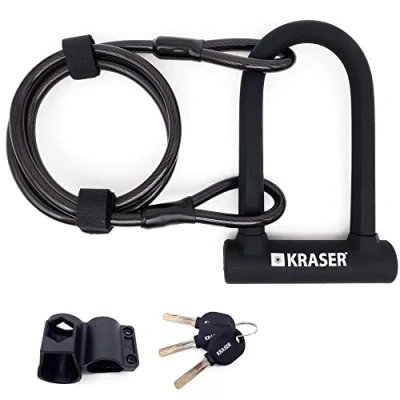 Afbeelding van KRASER KR65145B U fietsslot, hoge sterkte, compact + 120 cm kabel, veiliger en rustiger, vork ø16 staal met dubbele vergrendeling, eenvoudige draagbeugel, universeel slot