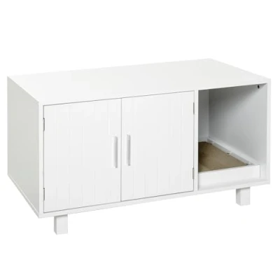 Afbeelding van PawHut Kattentoilet, 2 deuren, kattenbak, open vak, krabpaal, bijzettafel, 91 x 52 50,5 cm, van hout, wit