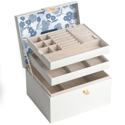 Afbeelding van AdelDream Sieradendoosje met 3 niveaus, sieradenkistje knopen, verjaardagscadeau, vakantiecadeau, voor vrouwen, meisjes en vrienden (wit 18)