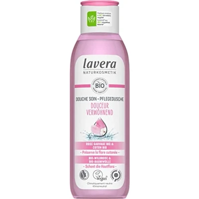 Afbeelding van lavera Zachte verzorgende douchegel, natuurlijke cosmetica, veganistisch, gecertificeerd, met biologische wilde roos en biologisch katoen, afbreekbare formules zonder minerale oliën, 250 ml