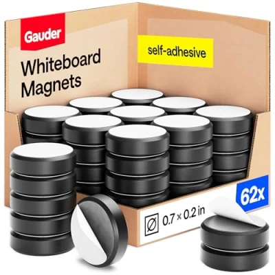 Afbeelding van GAUDER Magneetbordmagneten, 62 zelfklevende magneten voor whiteboard, koelkast en meer, zwarte
