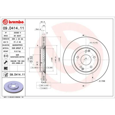 Afbeelding van BREMBO 09.D414.11 Remschijf 298 23 5 interne ventilatie Gecoat High carbon Met schroeven SSANGYONG: Tivoli Off Road, XLV Road