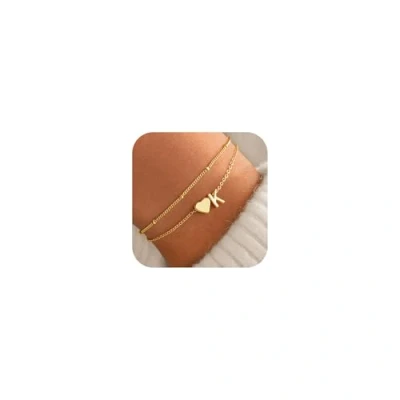 Afbeelding van TINGN Damesarmband, 14 karaat goud, gelaagd hart, personaliseerbaar, met letters van het alfabet en monogram, cadeau voor vrouwen, vriendin
