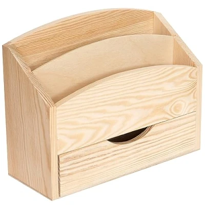 Afbeelding van Creative Deco Houten Kist Doos Box Brieven Kranten 3 Vakjes met Lade 25.5 x 15.5 11.5 cm Opslag, Decoupage &amp; Decoratie