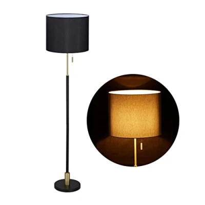 Afbeelding van Relaxdays Vloerlamp woonkamer E27 met kabel, stoffen lampenkap, Ø 40 cm, vintage stijl, hoogte 163 zwart/goud