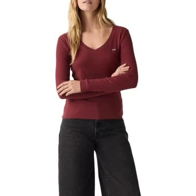 Image de Levi&#039;s Essential Housemark T shirt à manches longues et col en V pour femme, Chocolate Truffle, M