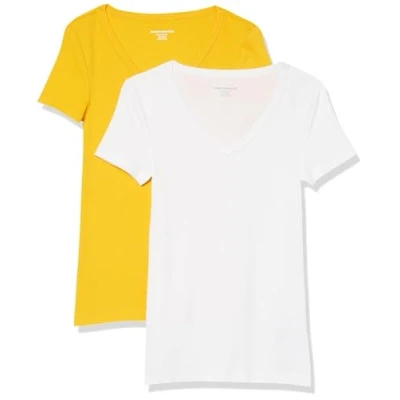 Image de Amazon Essentials T Shirt Col en v à Manches Courtes Coupe Ajustée Women&#039;s, Pack of 2, Blanc/Jaune Doré, S