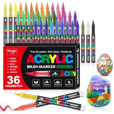 Afbeelding van Vakki 36 kleuren acrylviltstiften, acrylstiften met penseelpunt voor volwassenen, acrylverfmarkers kleuren, kalligrafie, hout, canvas, glas, keramiek