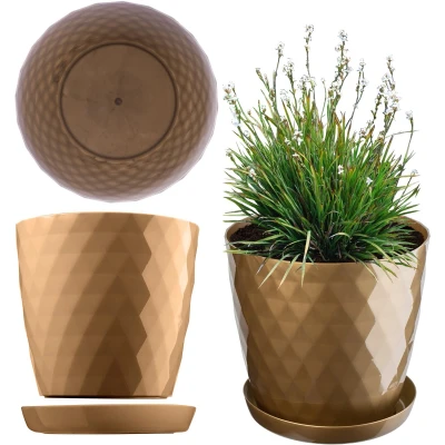 Afbeelding van KADAX Bloempot met Schotel, Plantenpot voor Bloemen, Planten, Kruidenplanten, binnen, Plantenbak van Kunststof, decoratieve Pot, Planter (18 cm, goud)