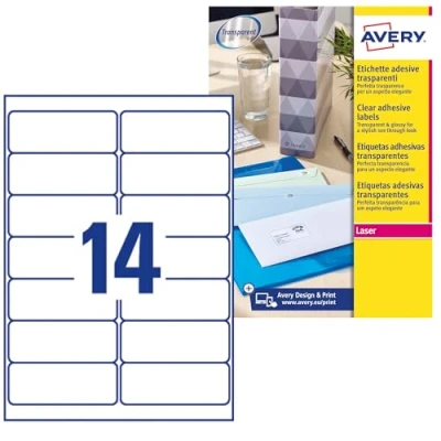Afbeelding van Avery L7563 350 zelfklevende etiketten, 14 per vel, laserdruk, transparant, 99,1 x 38,1 mm