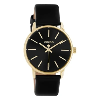 Afbeelding van OOZOO Timepieces Goudkleurige horloge met zwarte leren band C10840