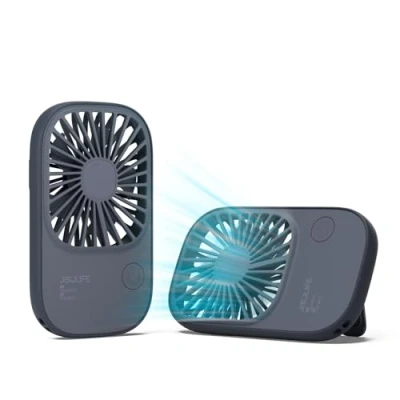 Afbeelding van JISULIFE Ultradunne draagbare mini ventilator met standaard, USB oplaadbare zakventilator 3 snelheden, op batterijen werkende wimperventilator voor meisjes, kinderen, vrouwen, mannen, reizen,