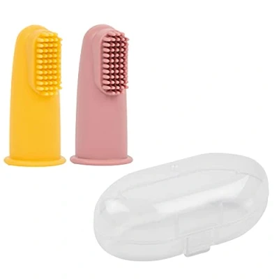 Afbeelding van Nattou Silicone Vingertandenborstel voor Baby Set met Opbergdoosje 2 Stuks Geel/Roze