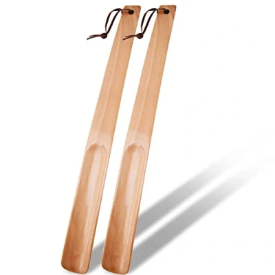 Afbeelding van OneBarlercorn Set van 2 lange houten schoenlepels hoorndesign 38 cm, Lichtbruin