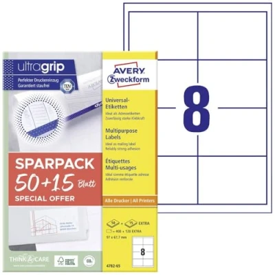 Afbeelding van Avery Zweckform 4782 65 Universele etiketten 97 x 67.7 mm Papier Wit vellen Permanent hechtend Inkjet, Laser (zwart/wit), (kleur), Kopiëren