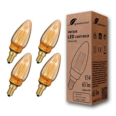 Afbeelding van Greenandco® ledlampen, decoratief, vintage, retro, industrieel, antiek, Edison, E14, C35, 2 W, 65 lm, 1800 K, zeer warm wit, 320 graden, 230 V, geen flikkeren, niet dimbaar, 4 stuks