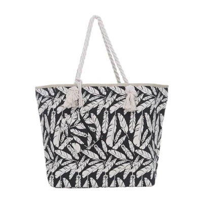 Afbeelding van Strandtas met ritssluiting 58 x 38 18 cm verenopdruk shopper schoudertas strandstijl, zwart