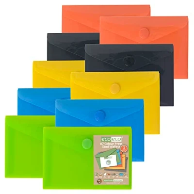 Afbeelding van eco 10 A7 hoezen 50% gerecycled met drukknop, verschillende kleuren, groen, zwart, blauw, geel, oranje, eco077x2
