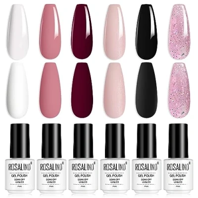 Afbeelding van ROSALIND Gel Nagellak Set Wit Zwart Roze Glitter Kleur, Soak Off UV LED Polish Kit 6 x 7ml, Gelnagel Starterset Manicure Nail Art Professionele