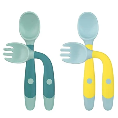 Afbeelding van Vicloon Baby vork en lepel set, 4 stuks Bestek Siliconen Zelfvoedende Gebruiksvoorwerp Gemakkelijk Grip Peuter Kit voor Zuigelingen Spenen Leren Gebruiken