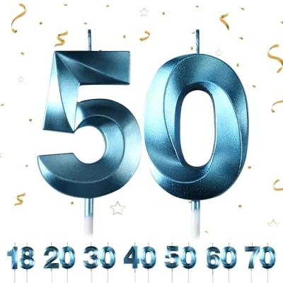 Afbeelding van 50 stuks verjaardagstaartkaarsen, 3D cijferkaarsen, blauw, taartdecoratie, verjaardagstaartdecoratie