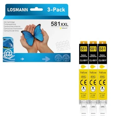 Afbeelding van LOSMANN Set van 3 gele inktcartridges compatibel met Canon CLI 581 XXL Y voor Pixma TS6350 TS6150 TS8150 TS8250 TS6250 TS705 TS705a TS8151 TS6151 TS8152 TS8300 TS9150 TS9151