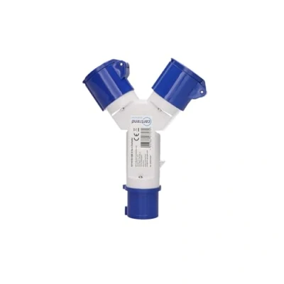Afbeelding van cartrend Explorer CEE stekkerdoos met 1 stopcontact en 2 koppelingen klapdeksel, geschikt voor spanningen van 220 250 V, 16 A, 50/60 Hz, caravan, camper, IP44, blauw