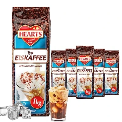 Afbeelding van HEARTS 5 x 1 kg ijskoffiepoeder voor de zomer, snelle bereiding, stuks, voldoende 325 glazen, Ice Coffee, zomerdrank met verfrissend genot