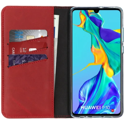 Afbeelding van Selencia Hoesje Geschikt voor Huawei P30 Met Pasjeshouder Echt Lederen Bookcase Rood