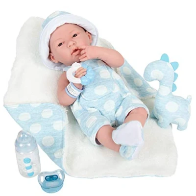 Afbeelding van JC TOYS De Newborn pasgeboren pop, 38 cm, van zacht vinyl, met kleding, pluche dinosaurus en 4 accessoires, jongens, blauw, ontworpen in Spanje door Berenguer, 2 jaar