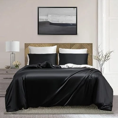 Afbeelding van Damier Satijnen beddengoed, 200 x cm, 3 delig, zwart wit, glanzend satijn, dekbedovertrek met ritssluiting en 2 kussenslopen 80 cm