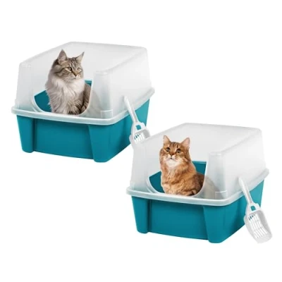 Afbeelding van Iris Ohyama CLH 12 Kattenbak met schep, 2 stuks, blauw, eenvoudige reiniging, toilethuis, afneembare randen, voor volwassen katten, kittens, konijnen, BPA vrij, opening boven