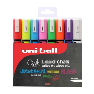 Image de Uni Ball Réf 5046670 Marqueur craie Pointe ogive large Trait de 1,8 à  2,5 mm Assortiment couleurs Pochette 8 (Import Royaume Uni)