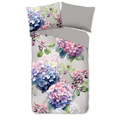 Afbeelding van Cheqo® Dekbedovertrek 140x200 cm Hortensia Bloemen Print Grijs 1 Persoons 100% Katoen Oeko Tex Gecertificeerd