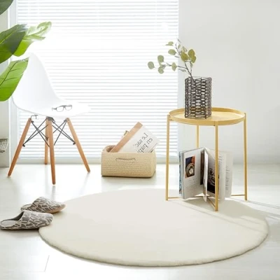 Afbeelding van Teppich Wölkchen Pluizig tapijt van kunstbont konijnenbont, kort bont, hoogpolig voor woonkamer of slaapkamer bedtapijt beige 120 cm rond