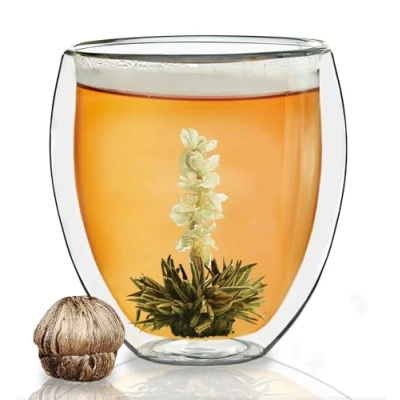 Afbeelding van Creano XXL dubbelwandig thermoglas 400ml extra groot hittebestendig met een theebloem