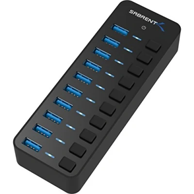 Afbeelding van SABRENT 10 poorts 60W USB 3.0 hub met individuele stroomschakelaars en LED&#039;s inclusief 12V / 5A voedingsadapter (HB BU10)