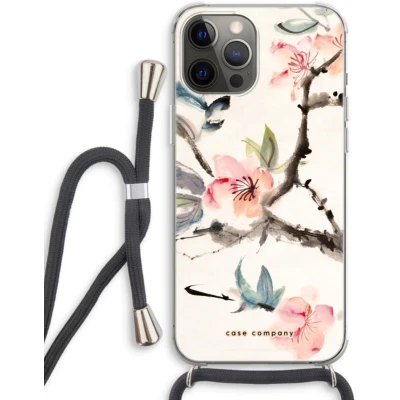 Afbeelding van Case Company® hoesje met Koord geschikt voor iPhone 12 Pro Japanse bloemen Telefoonhoesje Zwart Extra Bescherming aan alle Kanten en Over de Schermrand