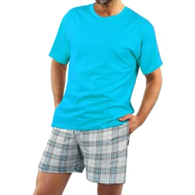 Afbeelding van Sesto Senso Pyjama, heren, kort, katoen, set shorts, T shirt, korte mouwen, shirt turquoise broek geruit