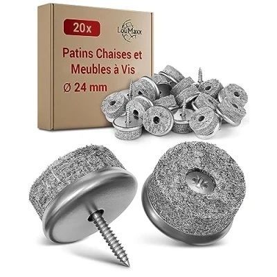Afbeelding van LouMaxx Stoelglijders en meubelglijders met schroeven, 20 stuks, rond, Ø 24 mm, grijs, glijders van vilt, 6 mm dik, houders metaal, hoogwaardige vloerbescherming