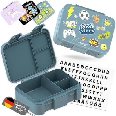 Afbeelding van BEARFOOT Bento Box Compact lunchbox voor kinderen, BPA vrij, school en kleuterschool, lekvrije meisjes jongens, praktisch, licht compact, blauw zelfklevend
