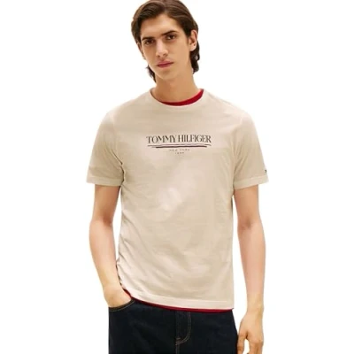 Image de Tommy Hilfiger T Shirt Manches Courtes Homme Brand Love Tee en Coton, Beige (Newsprint), L