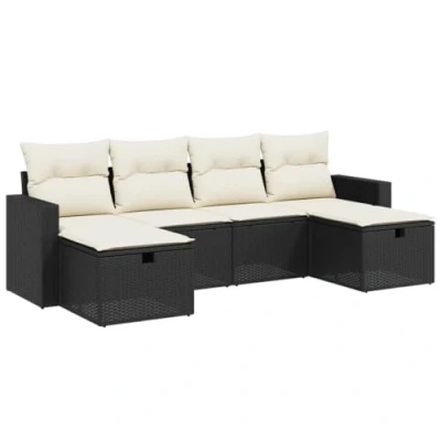 Afbeelding van vidaXL Tuinmeubelset, 6 delig, met kussens, zwart, polyrotan