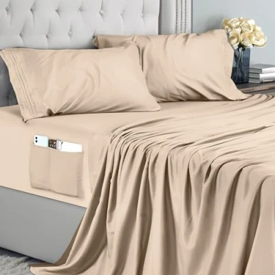 Afbeelding van Utopia Bedding geborduurd beddengoed, 4 delig (180 x 200 cm, beige) beddengoedset voor tweepersoonsbed, polyester microvezel, hoeslaken met opbergzakken, laken en 2 kussenslopen,